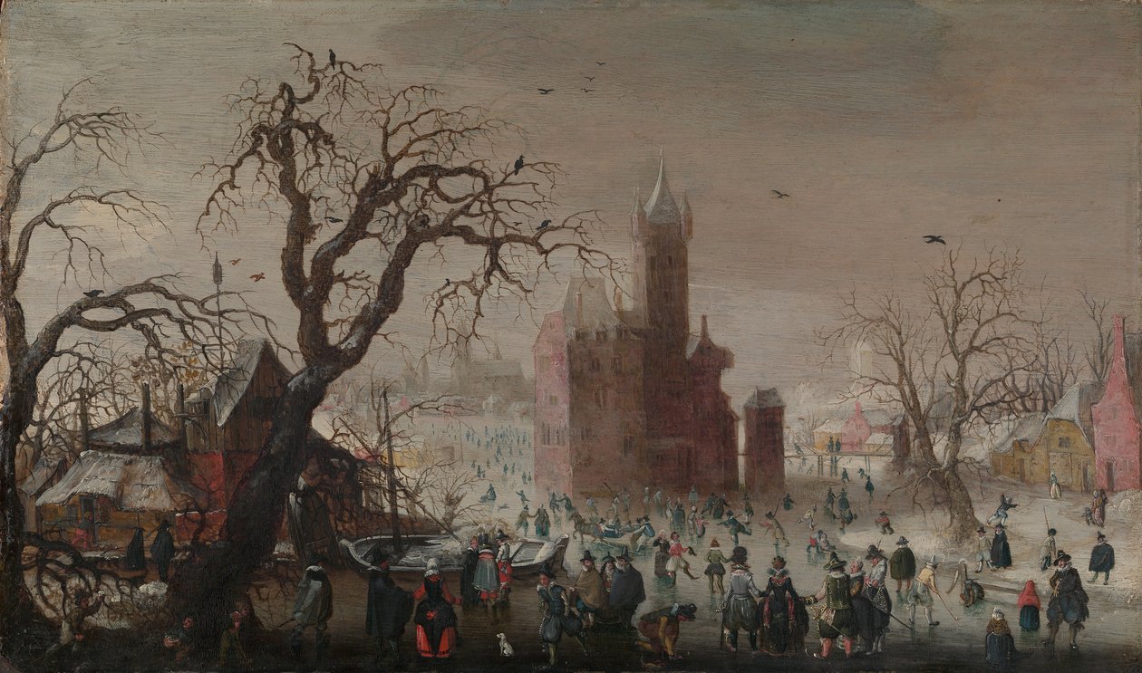 Egy téli táj korcsolyázókkal és egy képzeletbeli kastély, kb. 1615-20. alkotó: Christoffel van den Berghe