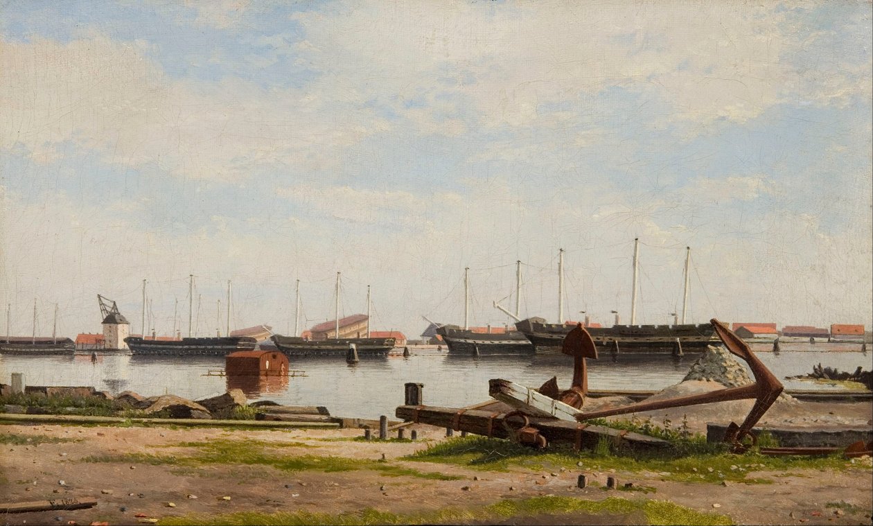 Kilátás a nyholmi rakpartra a daruval és néhány hadihajóval alkotó: Christoffer Wilhelm Eckersberg