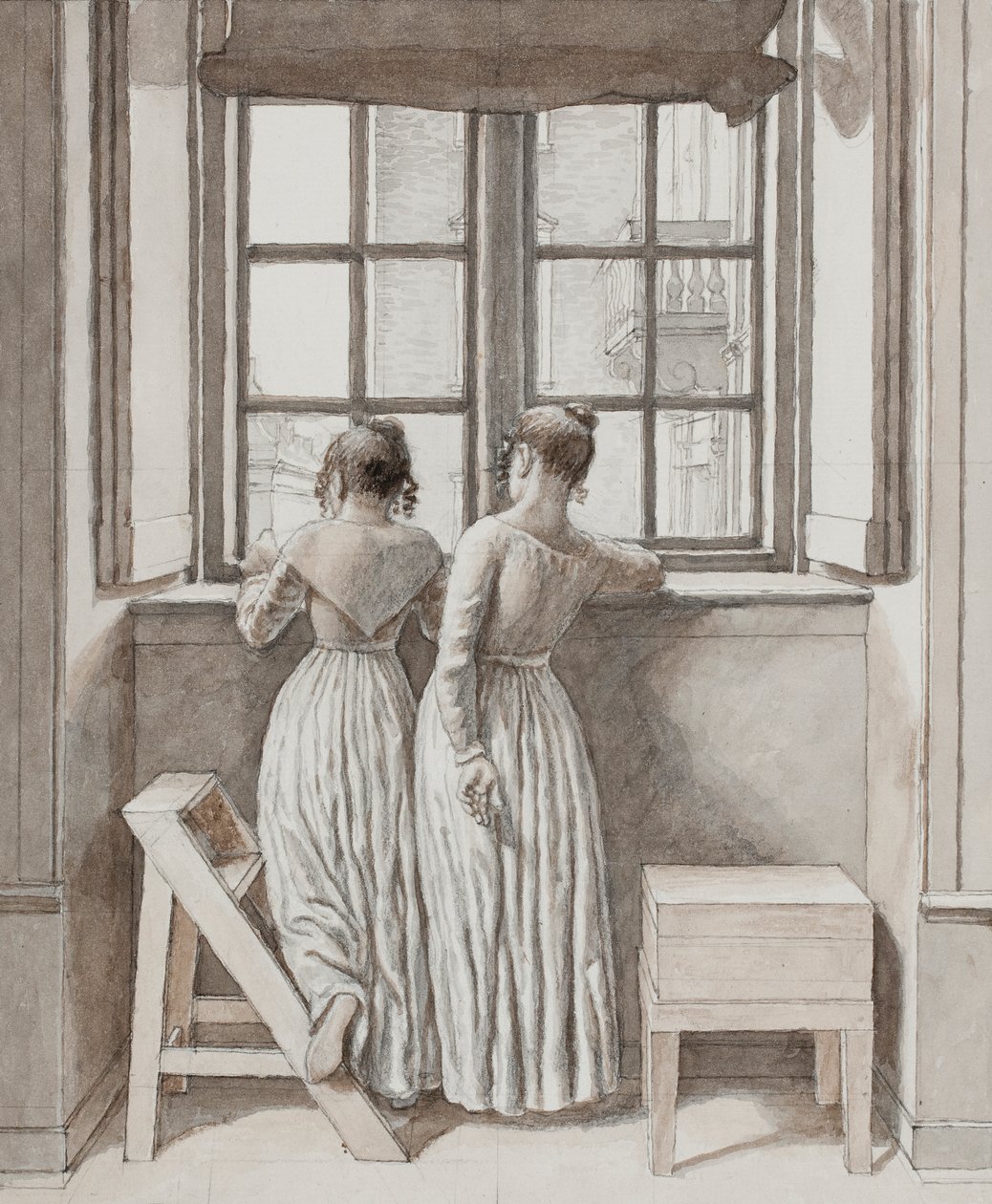 Egy ablaknál a művész műtermében, 1852 (Toll, szürke tinta és barna tus ceruzával, világoskék akvarellel keretezve) alkotó: Christoffer Wilhelm Eckersberg