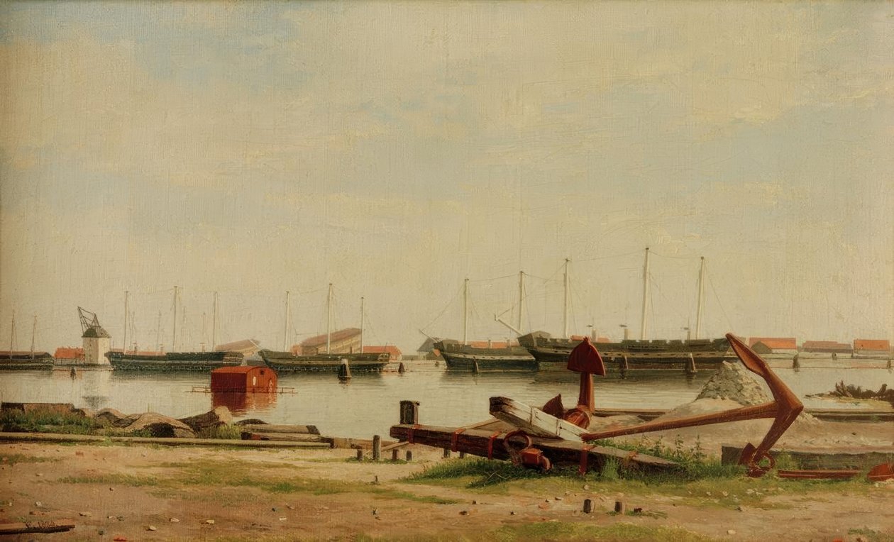 Kilátás Nyholmra daruval és hadihajókkal alkotó: Christoffer Wilhelm Eckersberg