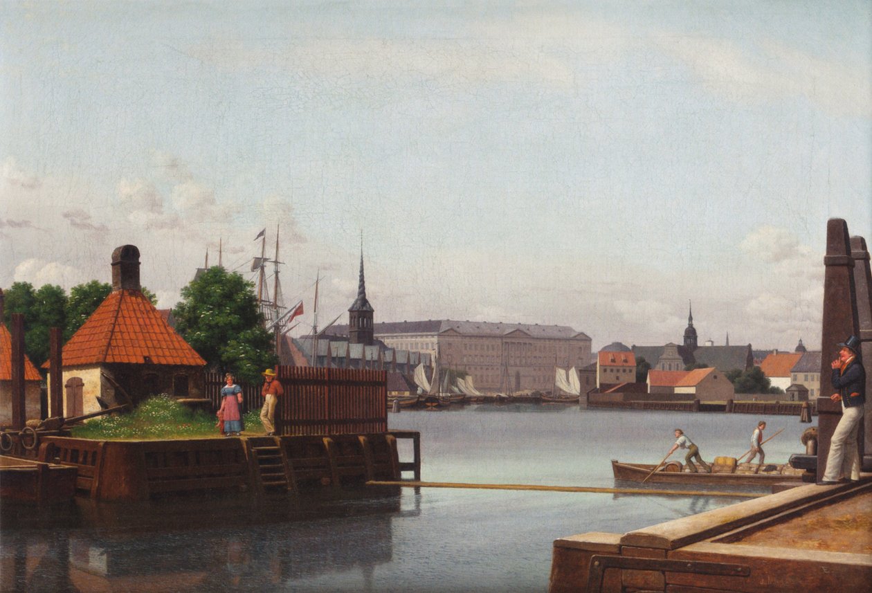Dán: Børsen, Christiansborg, Holmens Kirke, set fra Asiatisk Kompagnis Plads A Børsen, Christiansborg és Holmen temploma, az Asiatisk Kompagnis Plads oldaláról nézve. alkotó: Christoffer Wilhelm Eckersberg