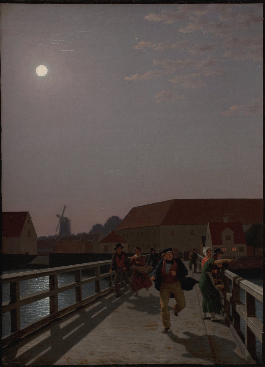 Langebro, Koppenhága, holdfényben, futó alakokkal alkotó: Christoffer Wilhelm Eckersberg