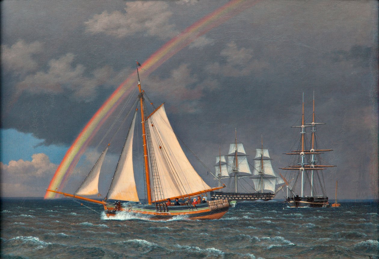 Szivárvány a tengeren néhány cirkáló hajóval alkotó: Christoffer Wilhelm Eckersberg