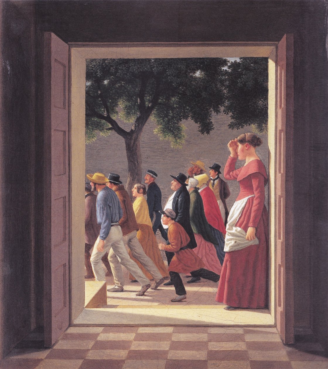 Kilátás egy ajtón keresztül a futó alakokra. alkotó: Christoffer Wilhelm Eckersberg