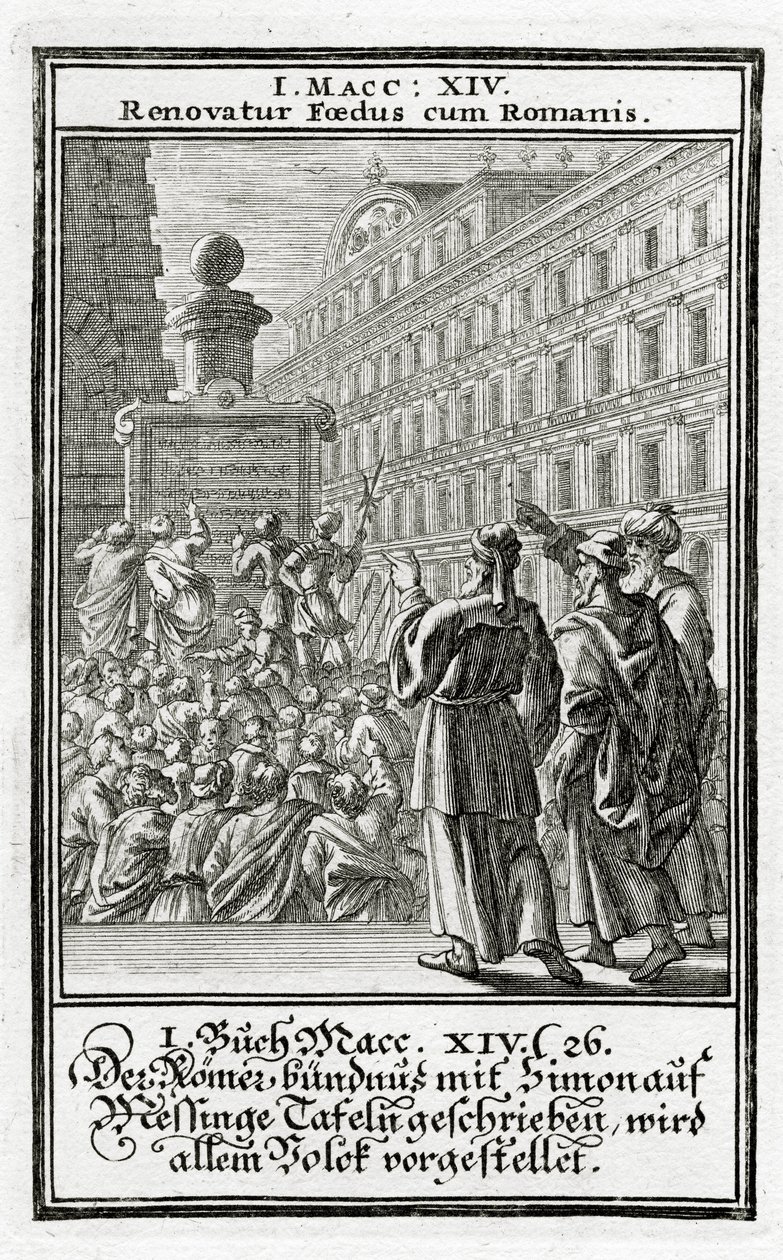 A Simonnal kötött római szövetséget réztáblákra írva bemutatják a népnek, 1Makkabeus 14:26, 1695 alkotó: Christoph Weigel