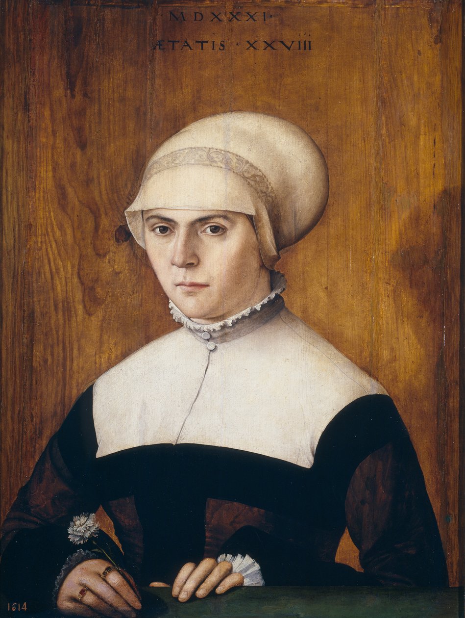 Portré a szünetről, 28 évesen, Joerg Zuber, orfevre d’Augsbourg - Joerg Zoerer felesége, 28 évesen, Amberger, Christoph (kb. 1505-1562) alkotó: Christoph Amberger