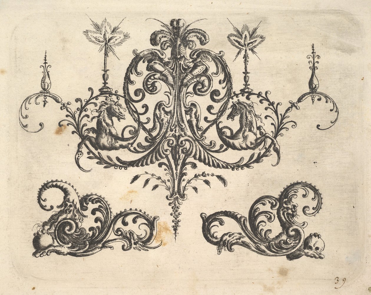 Fantasztikus csillár égő gyertyákkal és arabeszkekkel, némelyik fantasztikus lóval végződik..., 1610. alkotó: Christoph Jamnitzer