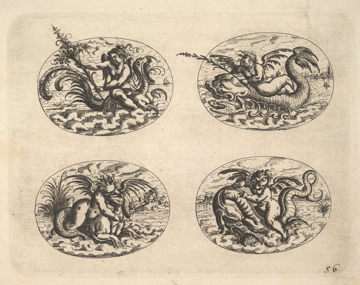 Négy ovális Genii-vel, lemezek a Neue Grotessken Buchból, 1610. alkotó: Christoph Jamnitzer