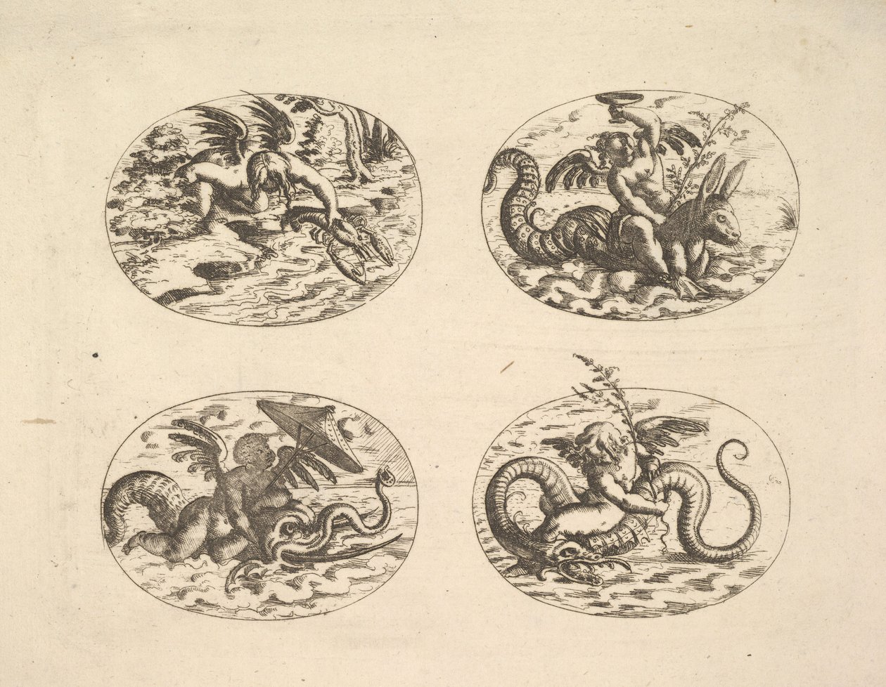 Putti tengeri szörnyekkel, tányérok a Neue Grotessken Buchból, 1610. alkotó: Christoph Jamnitzer