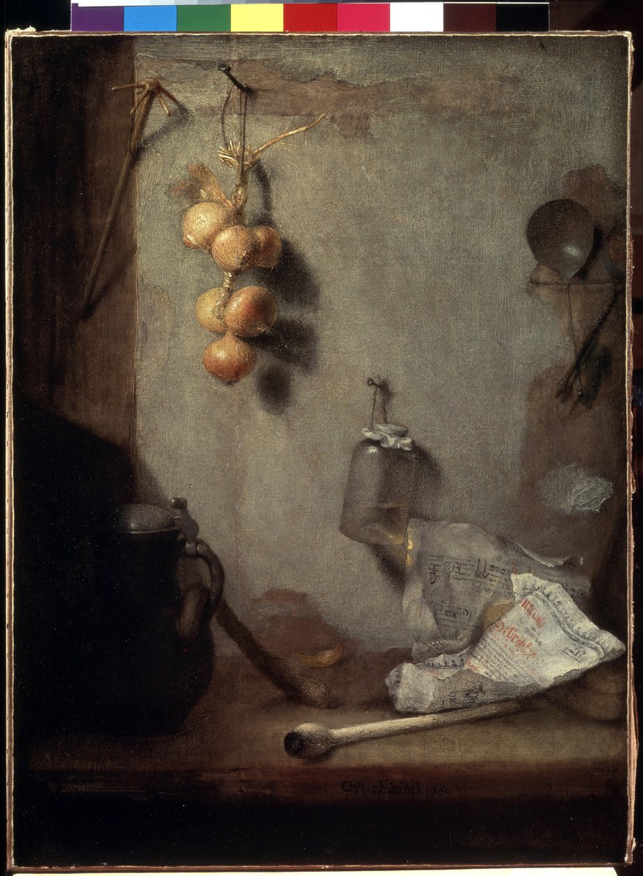 ""Csendélet"" (Csendélet) Hagyma, konyhaasztal és üvegedény"" Christopher Paudiss (1630-1666) festménye 1660 Méret: 62x46,5 cm Ermitázs Múzeum, Szentpétervár alkotó: Christoph Paudiss