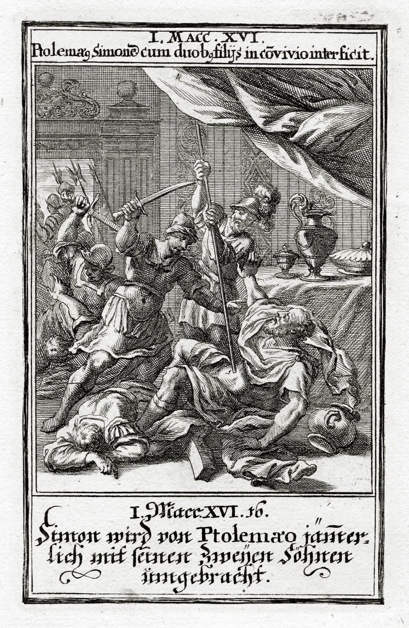 Simont és két fiát Ptolemaiosz megöli. 1 Makkabeusok 14:16, 1695 alkotó: Christoph Weigel