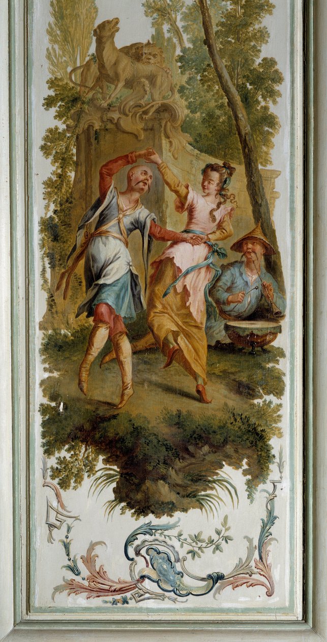 Chinoiserie: Táncjelenet, a Champs sur Marne kastély nagy szalonjának panelje, Christophe Huet (1700-1759) alkotó: Christophe Huet