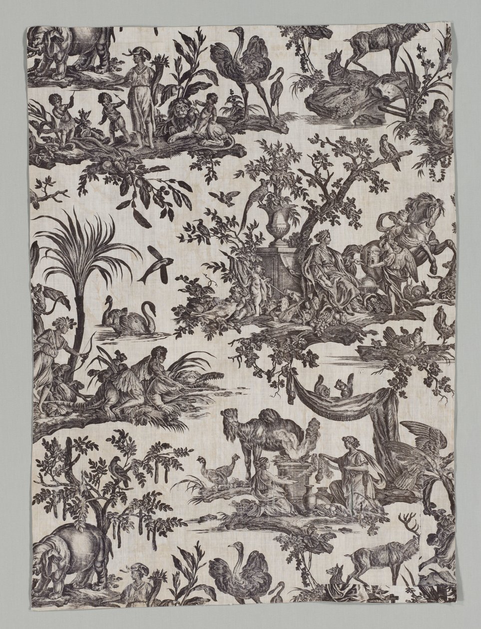 Rézlemezre nyomtatott pamut töredéke Les quatres party du monde Design, 1788. alkotó: Christophe Philippe Oberkampf