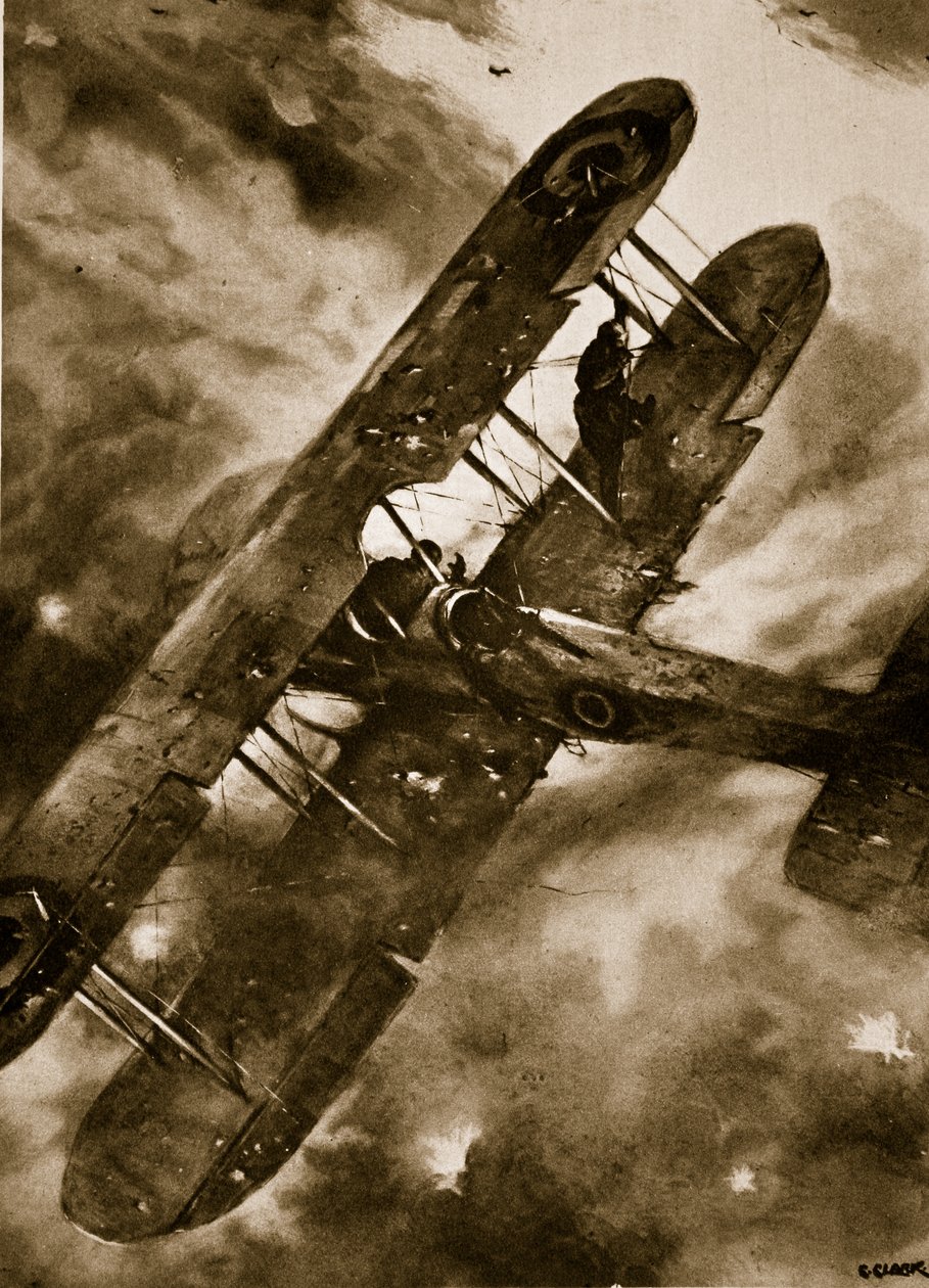 Egy rettenthetetlen brit megfigyelő egyensúlyozó mutatványa a levegőben az "Archies" heves támadása közben, 1914-19 alkotó: Christopher Clark