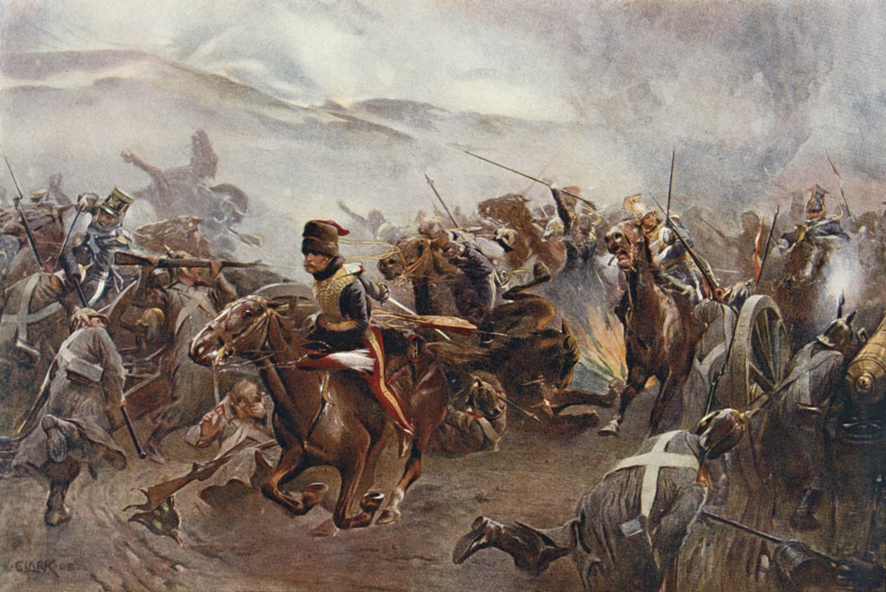 A Könnyűdandár rohama a balaclavai csatában 1854. október 25-én, illusztráció a „British Battles on szárazföldön és tengeren” című sorozatból, szerkesztette Sir Evelyn Wood (1838-1919) 1915 alkotó: Christopher Clark