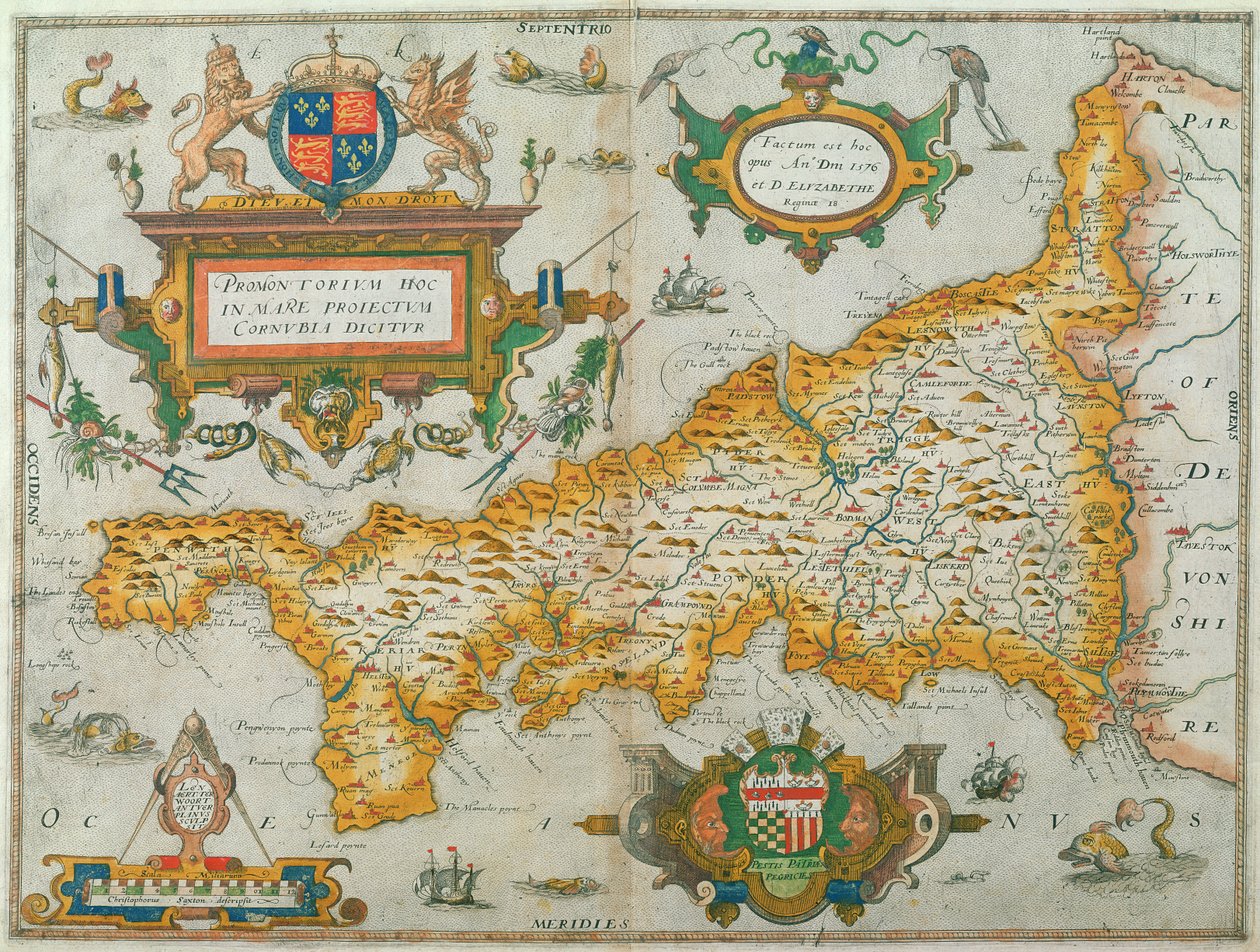 Cornwall megye térképe, 1579 (kézzel színezett metszet) alkotó: Christopher Saxton