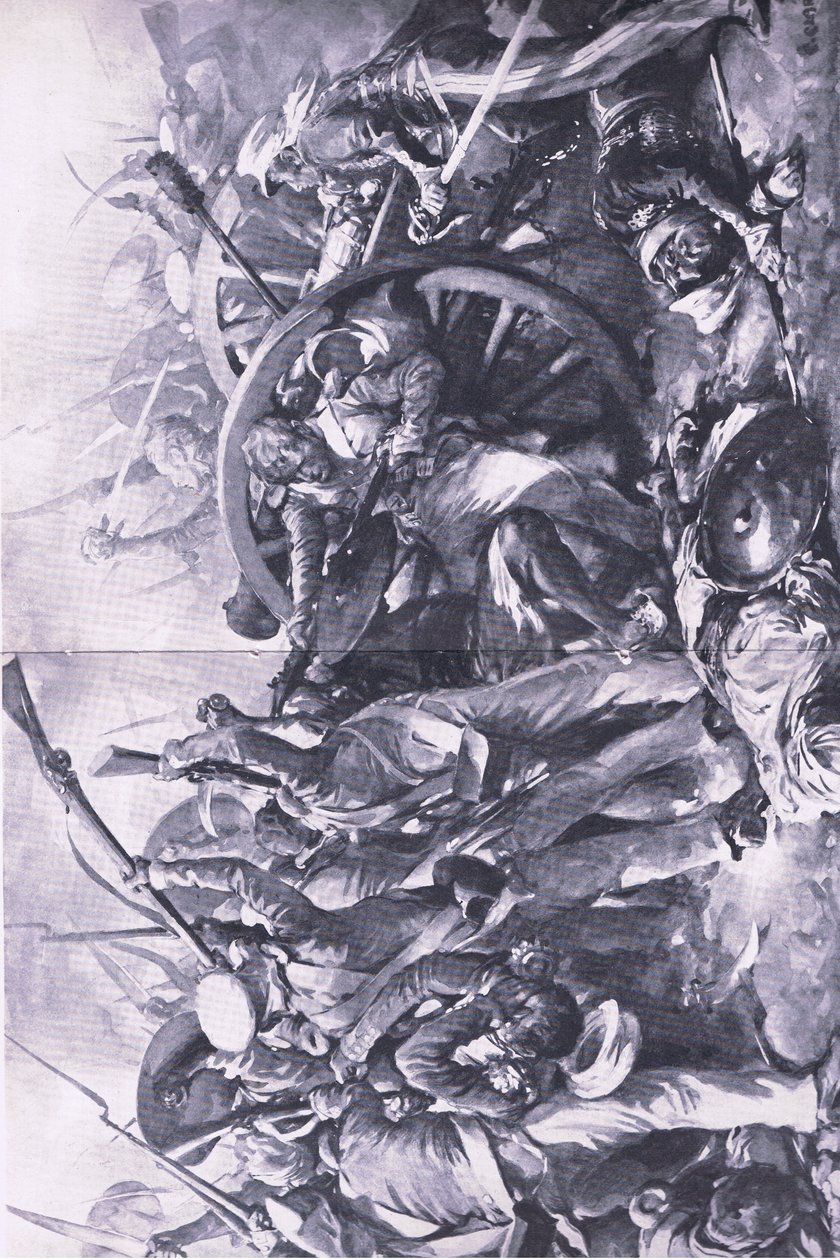 A meanee-i csata, 1843. február 17.: Harc az ágyúknál, illusztráció a brit csaták szárazföldön és tengeren című filmből, 1915 alkotó: Christopher Clark