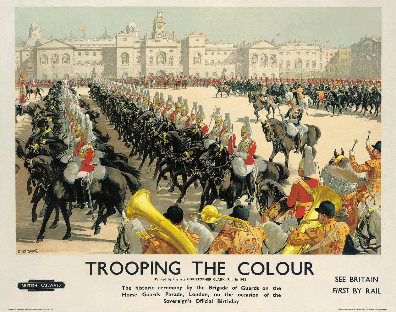 „Trooping the Colour”, a British Railways reklámplakátja, 1950 körül (színes litográfia) alkotó: Christopher Clark