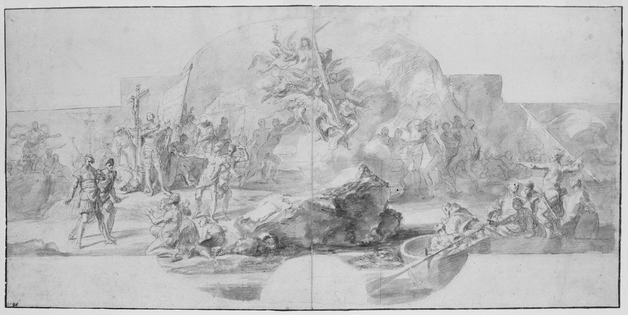 Kolumbusz partraszállása Amerikában, tanulmány a festményhez (1777 -ben megsemmisítve) a Sala del Minor Consiglio számára, Palazzo Ducale, Genova alkotó: Christopher Columbus