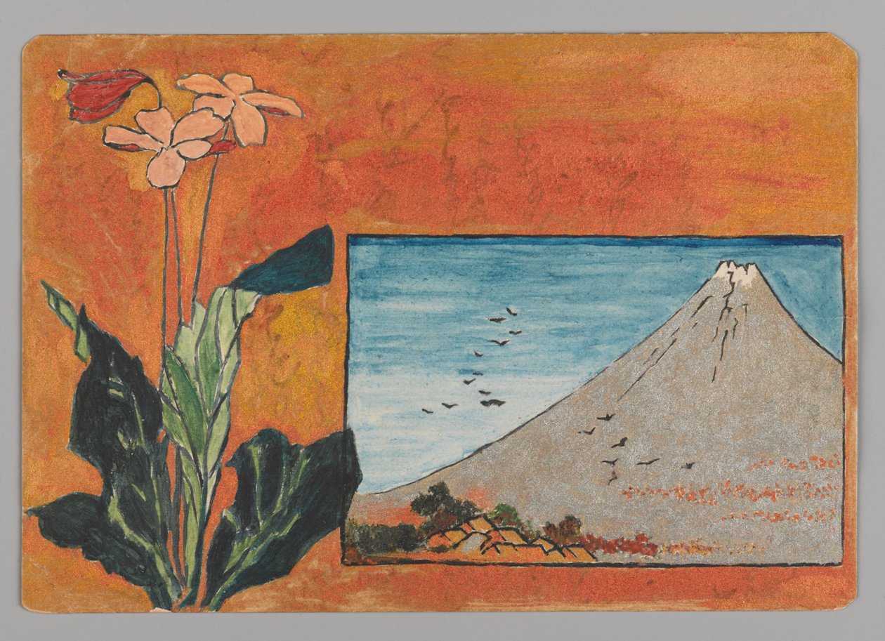 Kis kártya a Fuji-heggyel és virágokkal alkotó: Christopher Grant La Farge
