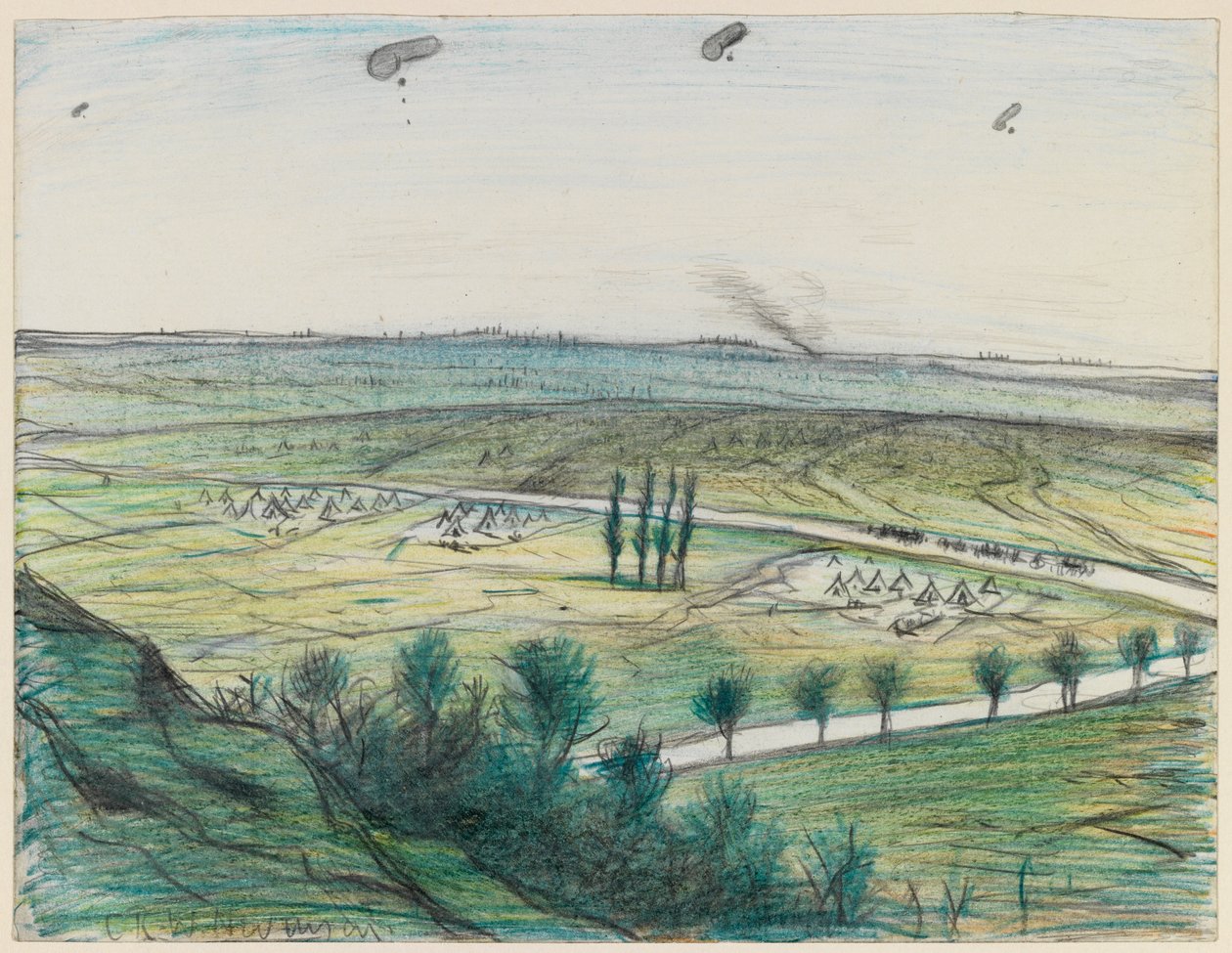 Táj megfigyelő léggömbökkel, 1914-18 (ceruza és zsírkréta papíron) alkotó: Christopher Richard Wynne Nevinson