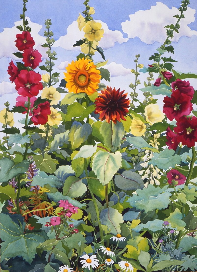 Hollyhocks and Sunflowers, 2003 (akvarell, papír) alkotó: Christopher Ryland