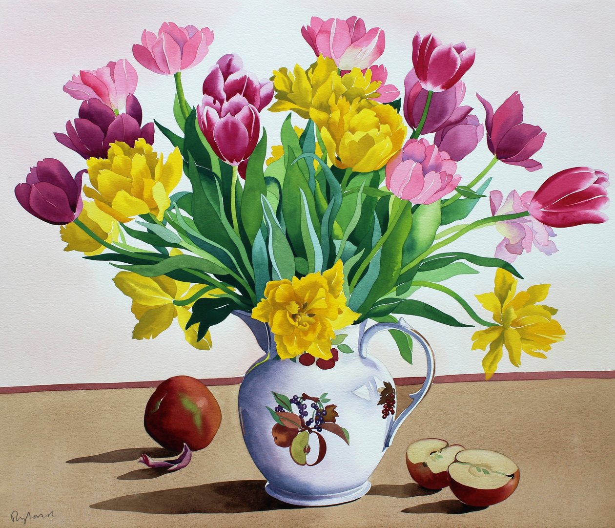 Tulipánok kancsóban almával (akvarell papíron) alkotó: Christopher Ryland