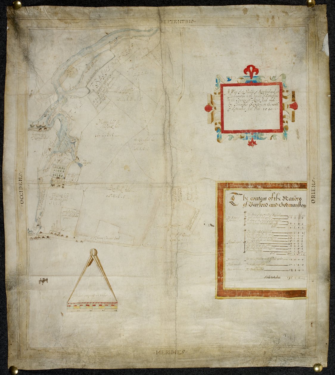Bayford és Goodmanston uradalmak térképe Murston és Sittingbourne, co. Kent: 1590 (tinta és színes mosás pergamenre) alkotó: Christopher Saxton