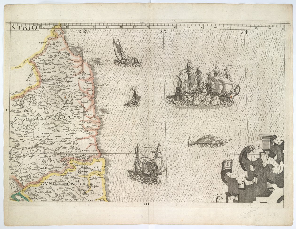 Northumbria és Északkelet-Anglia, Saxton 1583-as falitérképéről (metszet) alkotó: Christopher Saxton