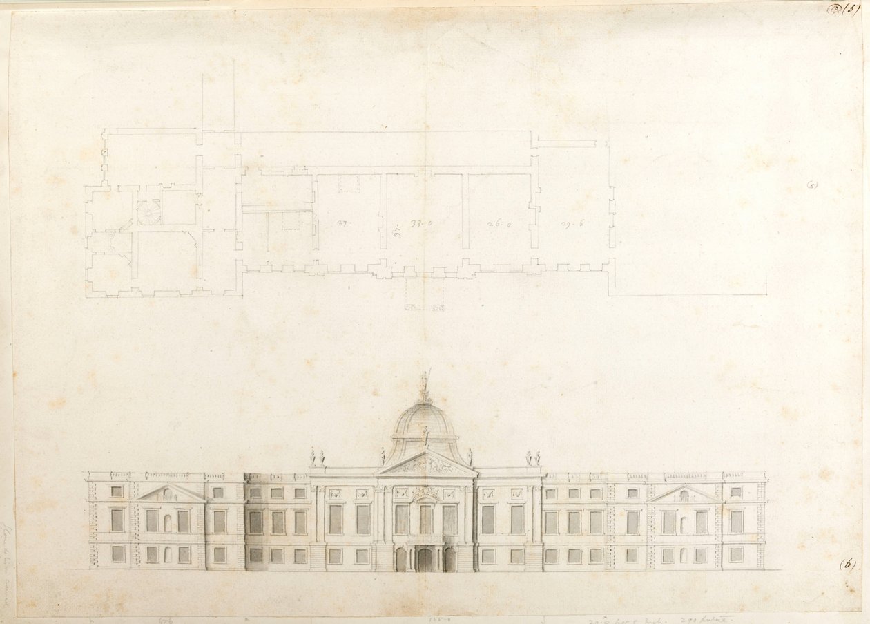 Hampton Court Palace, Részterv és vázlatos homlokzat bejárati homlokzathoz, valószínűleg a 2. tervhez, 5-ös és 6-os számmal alkotó: Christopher Wren