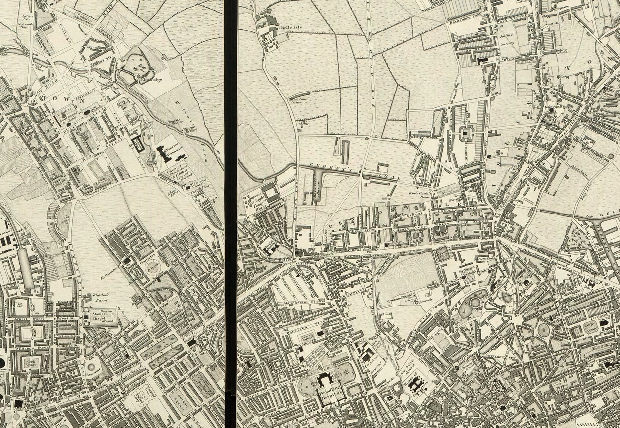 Pentonville környékének részlete, London térképéről, egy 1824-ben készült tényleges felmérésből. alkotó: Christopher and John (fl.1821 40) Greenwood