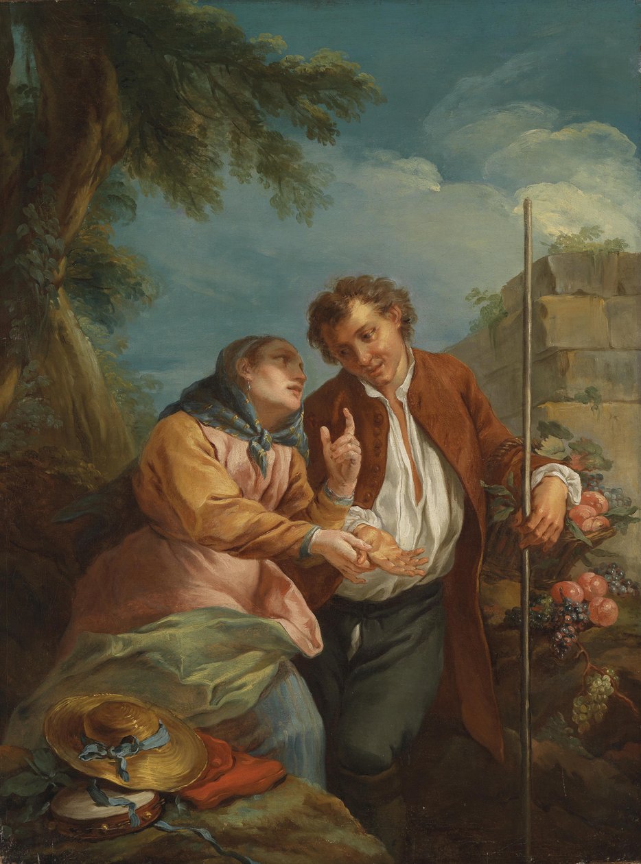 Egy tenyérolvasó és egy fiatal gyümölcsárus alkotó: Circle of Charles André van Loo