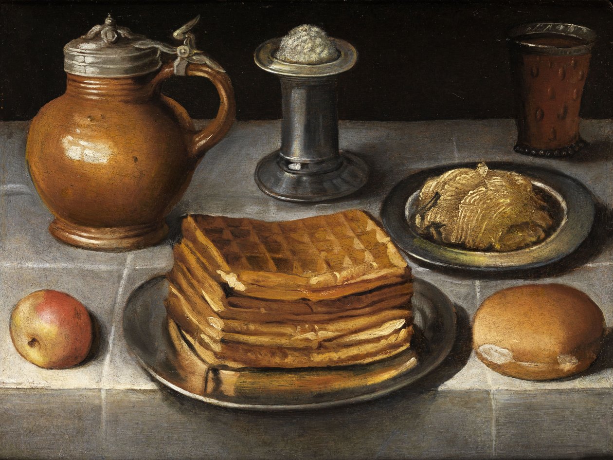 Csendélet óntányérokkal, kőkancsóval és gofrival alkotó: Circle of Georg Flegel