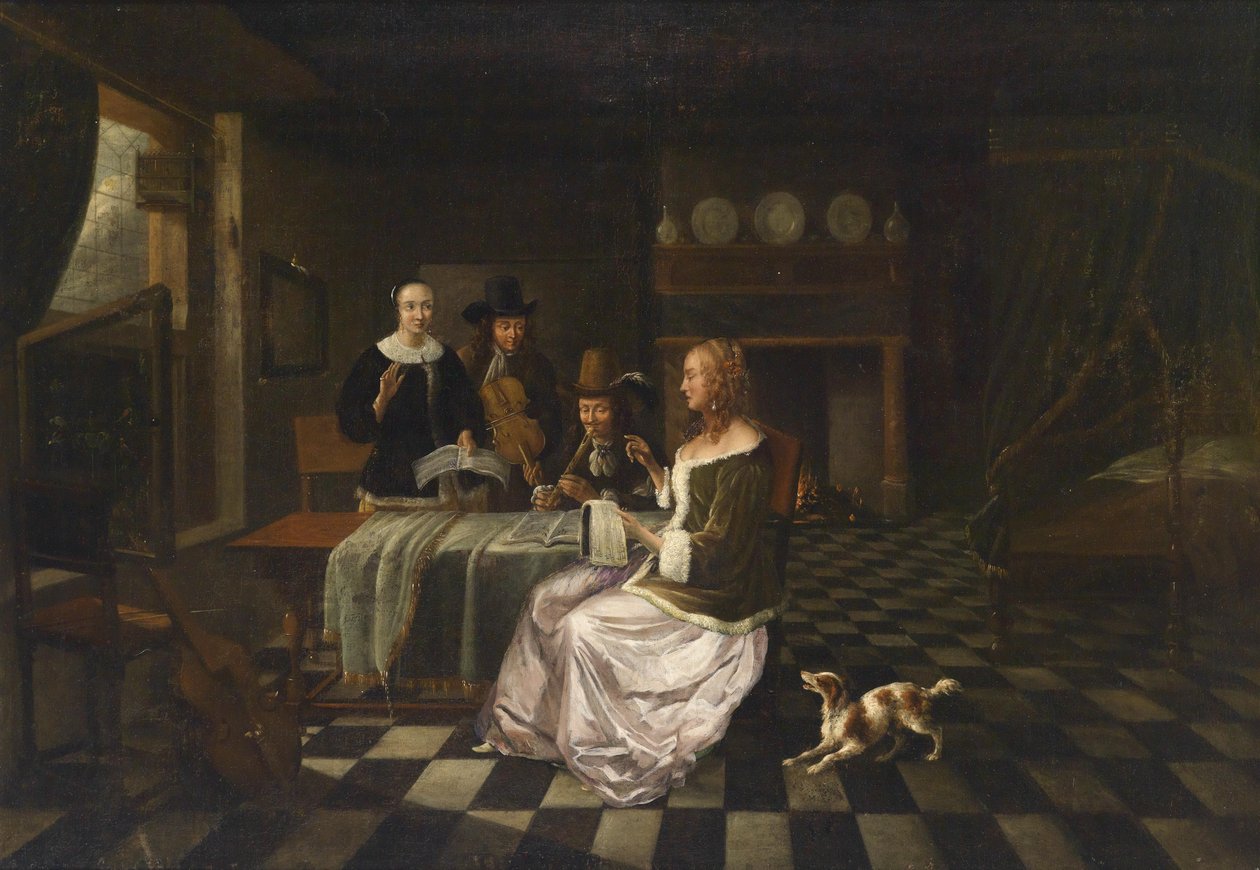 Polgári belső négy emberrel alkotó: Circle of Pieter de Hooch