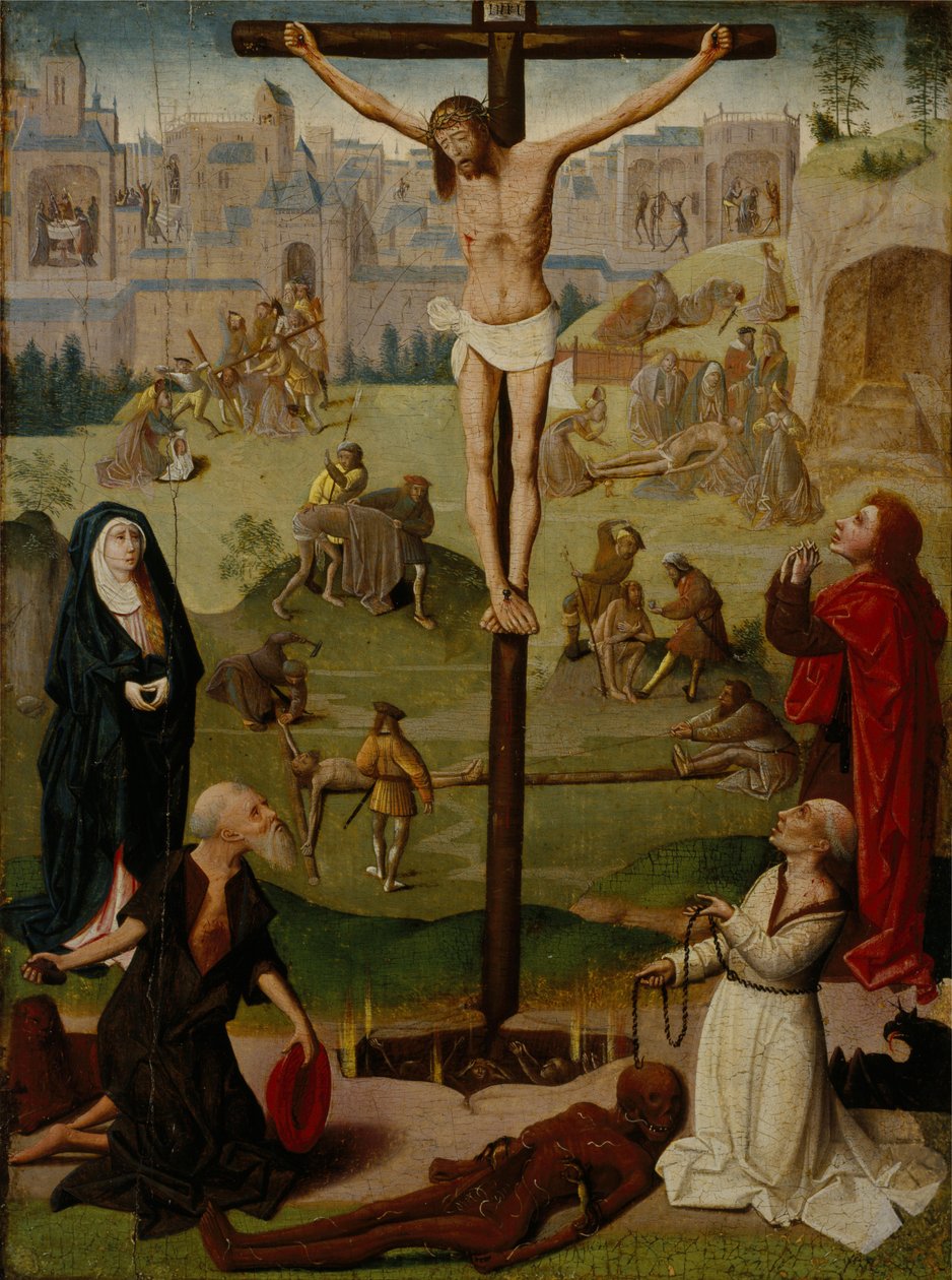 A keresztrefeszítés Szent Jeromossal és Szent Domonkossal és Jelenetek a szenvedésből alkotó: Circle of Geertgen tot Sint Jans