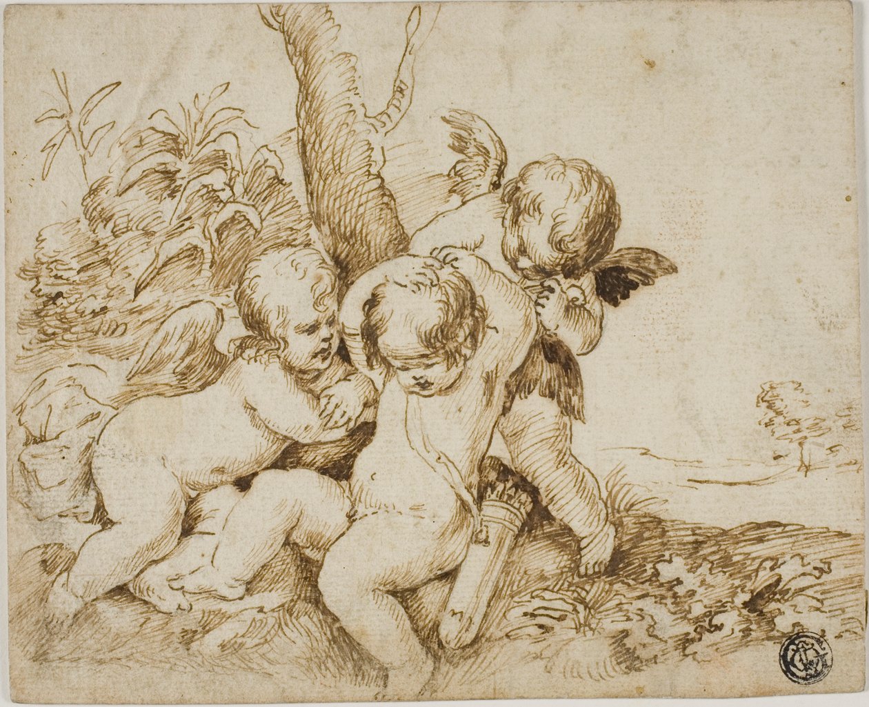 Két putti bekötötte a szemét egy harmadiknak alkotó: Circle of Guido Reni