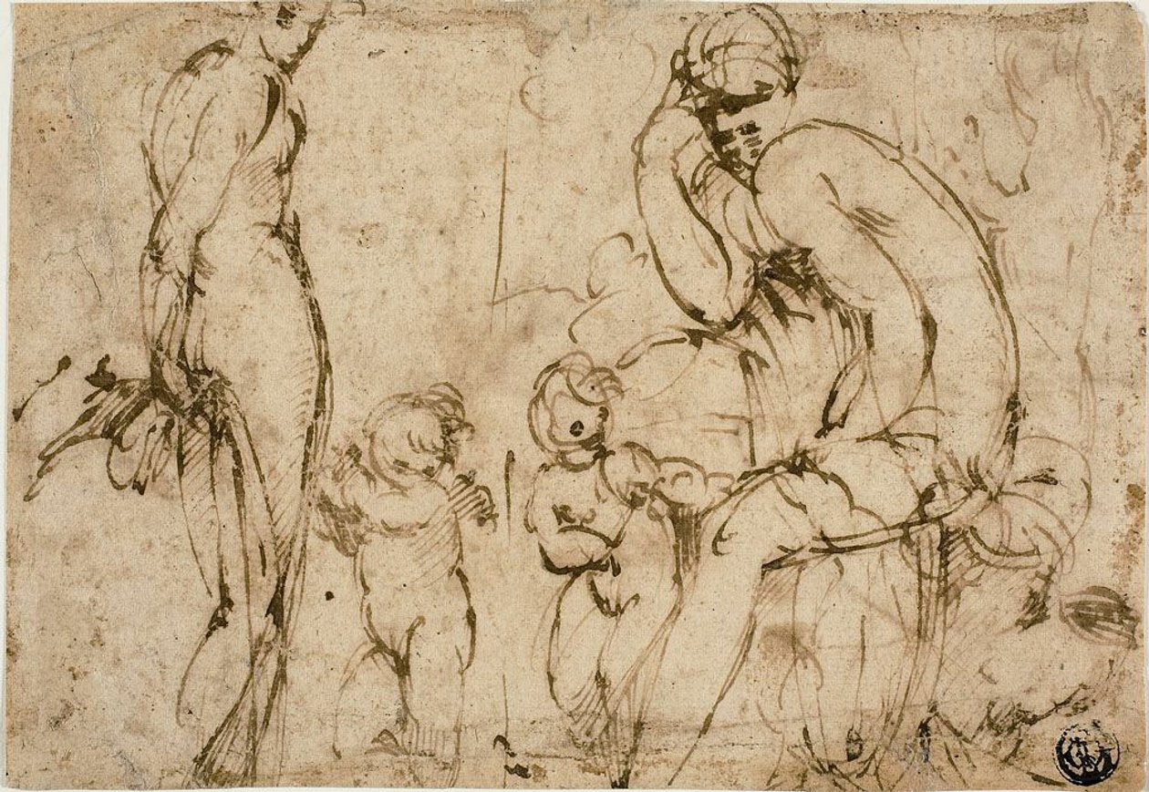 Vénusz és Mars Puttival (recto); jobbra mozgó szakállas férfi (verso) alkotó: Circle of Parmigianino