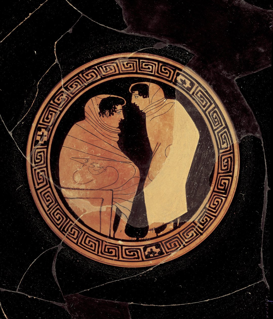 Padlási vörös alakos kylix férfialakokkal folytatott beszélgetést ábrázoló, Kr.e. 450 körül (agyag) (részlet) alkotó: Circle of the Penthesilia Painter attr. to Circle of the Penthesilia Painter attr. to