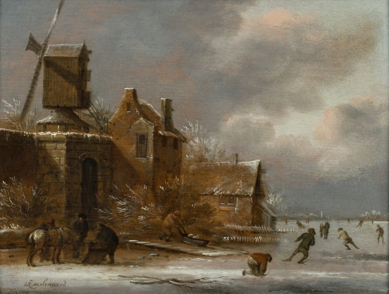 Téli táj korcsolyázókkal a befagyott folyón egy falun kívül alkotó: Claes (1630 76) Molenaer