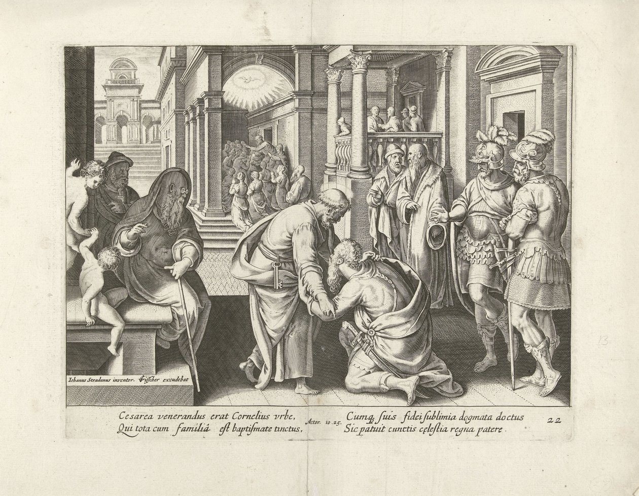 Cornelius letérdel Petrus előtt Az Apostolok Cselekedetei (sorozat címe) Acta Apostolorum (sorozat címe) alkotó: Claes Jansz. Visscher (II) (attributed to workshop of)