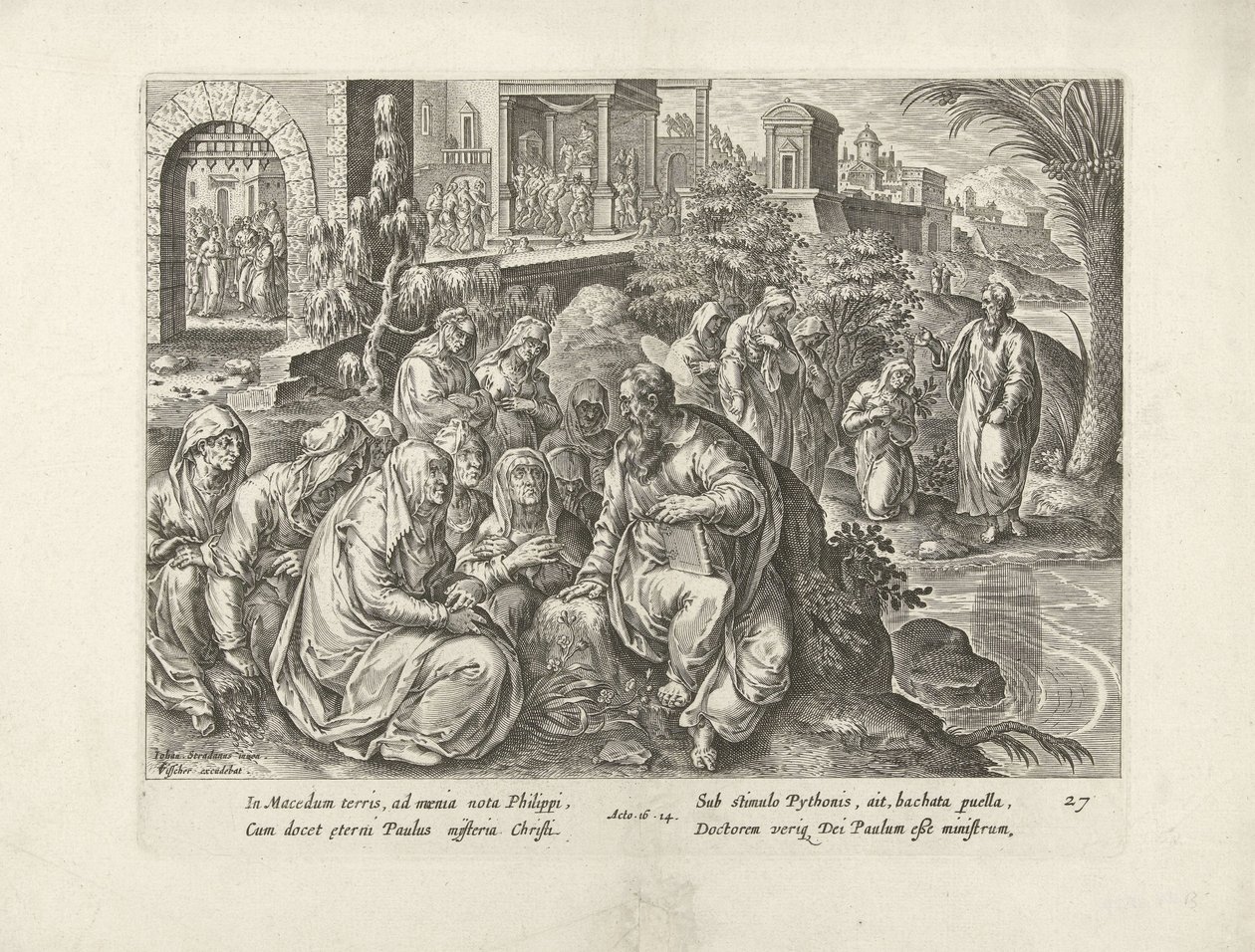 Pál megtéríti a filippi asszonyokat Az Apostolok Cselekedetei (sorozat címe) Acta Apostolorum (sorozat címe) alkotó: Claes Jansz. Visscher (II) (attributed to workshop of)