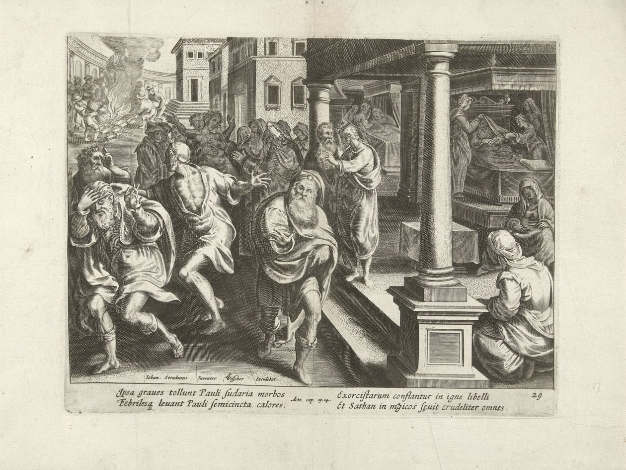 Pál kiűzi a démonokat Efézusban Az Apostolok Cselekedetei (sorozat címe) Acta Apostolorum (sorozat címe) alkotó: Claes Jansz. Visscher (II) (workshop of)