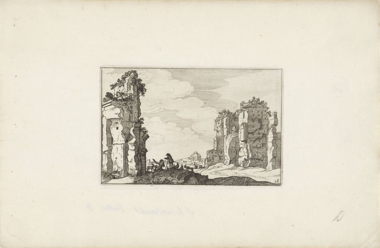 Két pásztor egy romnál Olasz tájak romokkal (sorozat címe) Variae antiquitates Romanae (sorozat címe a tárgyon) alkotó: Claes Jansz. Visscher (II)