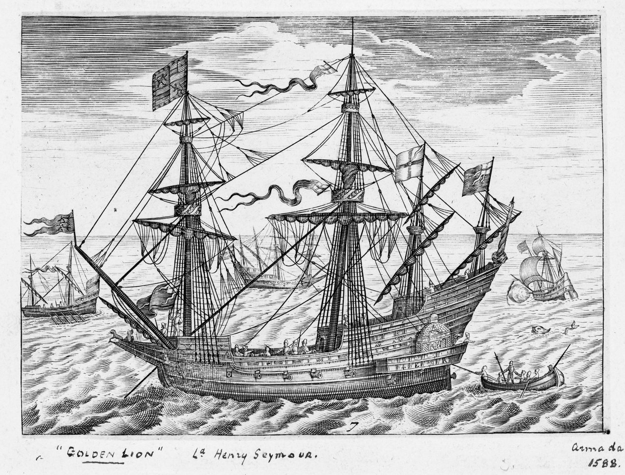 40 ágyús "Lion" hajó (1557, más néven "Arany Oroszlán"), 17. század közepe (metszet) alkotó: Claes Jansz Visscher