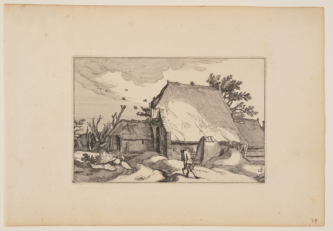 Egy tanya, férfi két vödörrel az elülső ösvényen, a Tájképek (Verscheyden aerdige Lanthuysen...) alkotó: Claes Jansz. Visscher