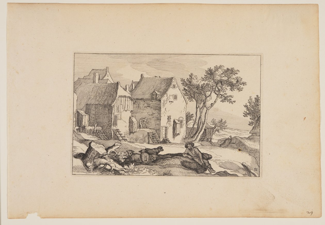 Tanyasi udvar, középen előtérben pihenő pásztor, a Tájképek (Verscheyden aerdige Lanthuysen...) alkotó: Claes Jansz. Visscher
