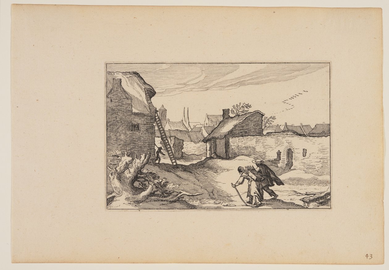 Egy falu, létra áll a bal oldali házzal szemben, a Tájképek (Verscheyden aerdige Lanthuysen...) alkotó: Claes Jansz. Visscher