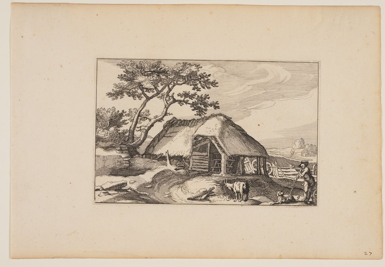 Pajta, csorda pihen a botján jobbra előtérben, a Tájképek (Verscheyden aerdige Lanthuysen...) alkotó: Claes Jansz. Visscher