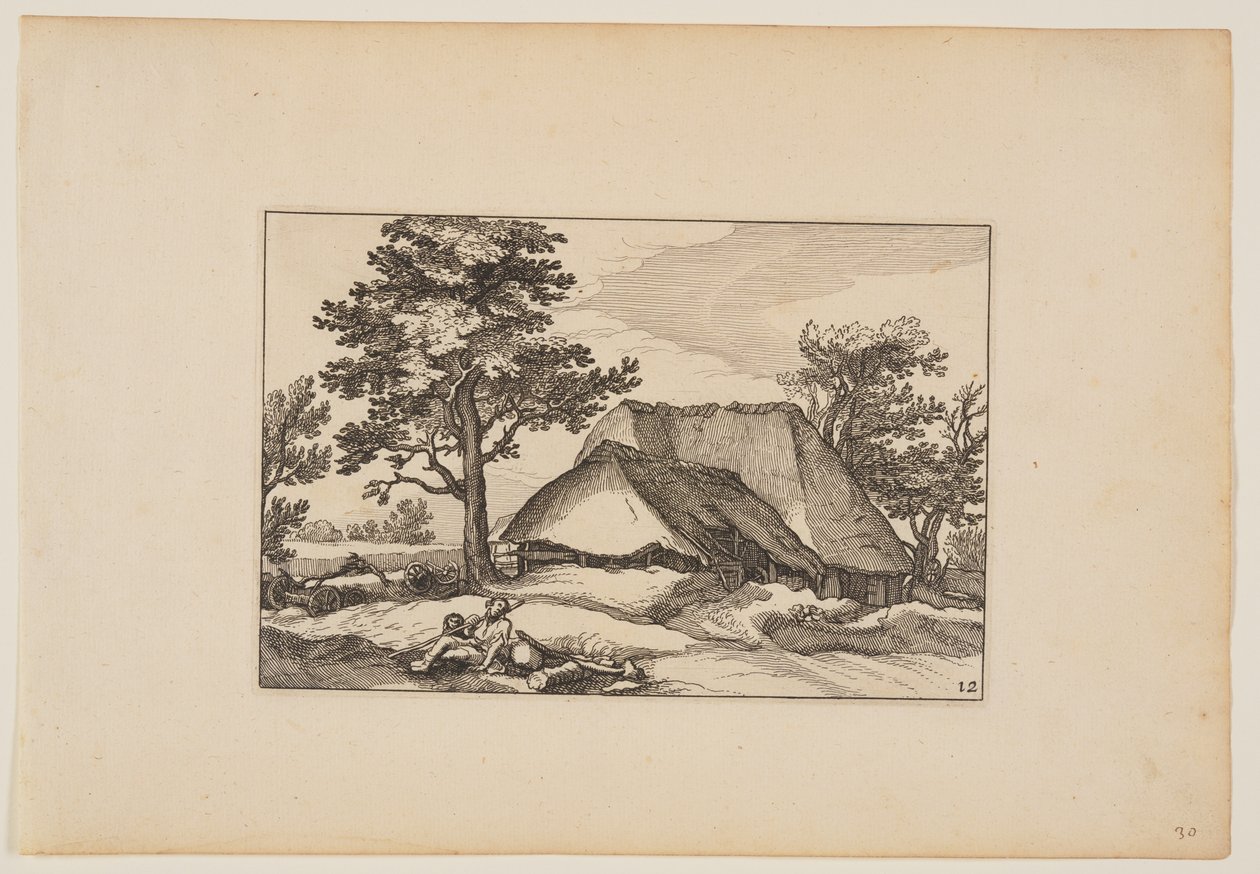 Pajták, pihenő csorda és kutya középen előtérben, a Tájképek (Verscheyden aerdige Lanthuysen...) alkotó: Claes Jansz. Visscher