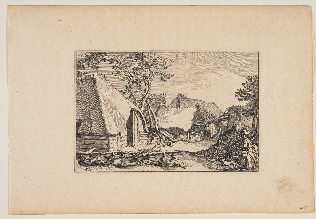Pajták, nő és kutya a jobb előtérben, a Tájképek (Verscheyden aerdige Lanthuysen...) alkotó: Claes Jansz. Visscher